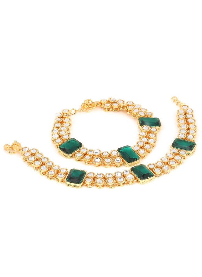 I Jewels I Jewels Traditional Gold Plated Bridal Anklets Payal Embellished with Green Stones & Faux Kundans for Women/Girls (A016G)  - Image 1