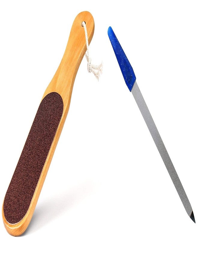 AKADO Double sided flat foot scrubber skin callus remover pedicure tool with wooden handle and hanging hook with nail file manicure tool for men and women - Image 1