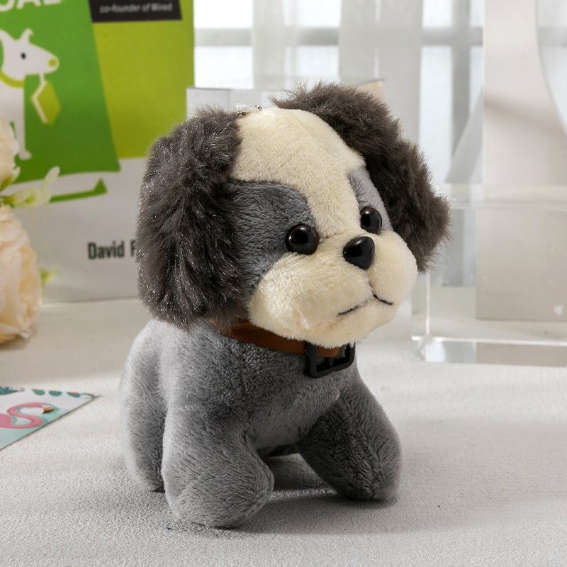 Cute long-haired, bow-tie standing dog plush toy keychain (grey)