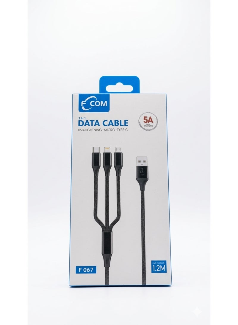 F-COM 3-in-1 Fast Charging Data Cable - USB to Type-C, Micro USB, & Lightning (1.2m)