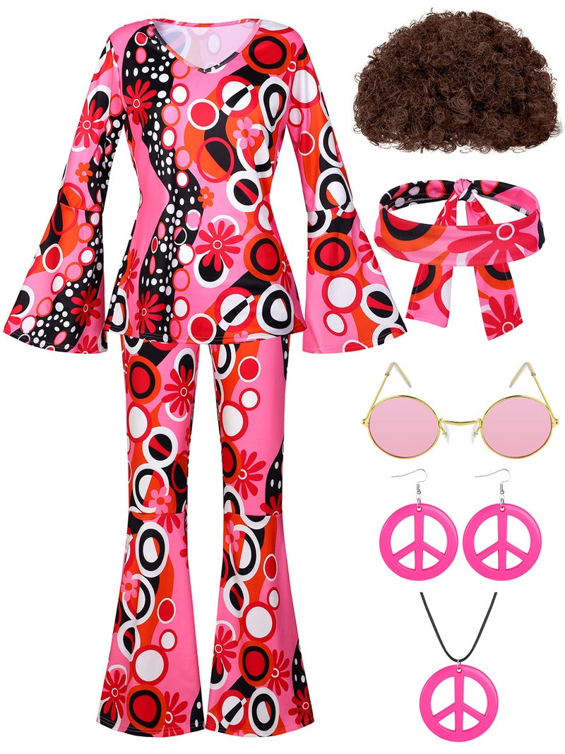SOMSOC 7 Pack 7et Boho Flared Pants Tie Dye Headband Necklace Earrings Wig for Halloween Costume Cosplay - Image 1