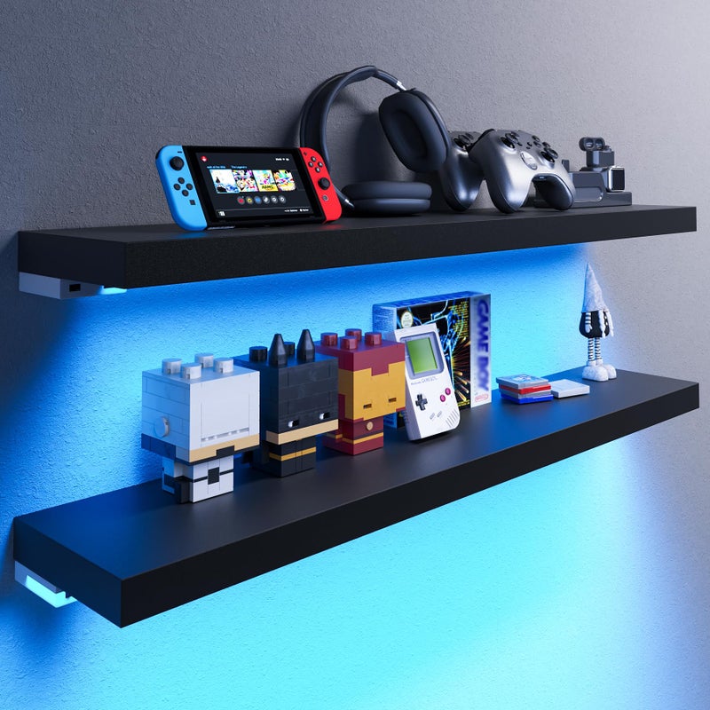 BAMEOS RGB LED Floating Shelves for Wall 35 Wall Mounted Wooden Shelves with Invisible Brackets Set of 2 Hanging Wall Shelves for Bedroom Living Room Kitchen StudyBlack