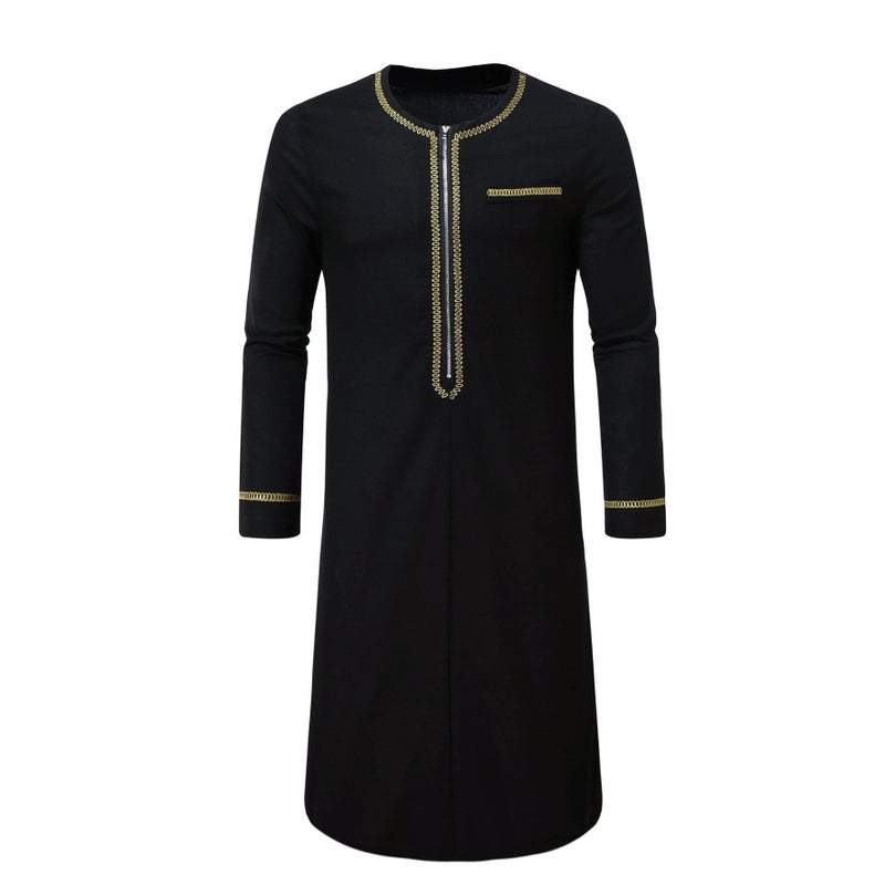 جاكيت رجالي أسود طويل بتطريز ذهبي وسحاب - Image 2