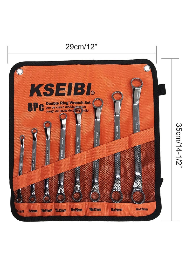 KSEIBI Double Ring Spanner Wrench Set 8- Pc/CLOTH BAG 6x7 - 20x22mm, Chrome Vanadium, For Getting into Tight Spots, Mechanical Engineering, Automotive Repair, Plumbing, DIY Projects and Tightening. - Image 1