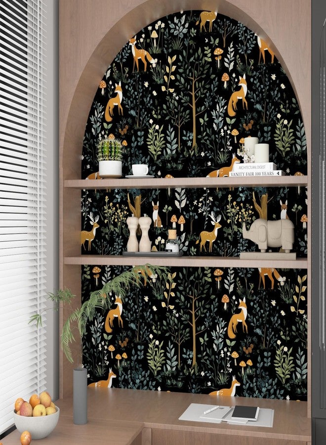 VOLEAAR Dark Animal Peel and Stick Wallpaper, Vintage Floral Forest Fox Wallpaper for Nursery Kid Bedroom Stair Door Cabinet, Removable Vinyl Mushroom Contact Paper Peelable Navy Orange 17.5In x 118In - Image 4