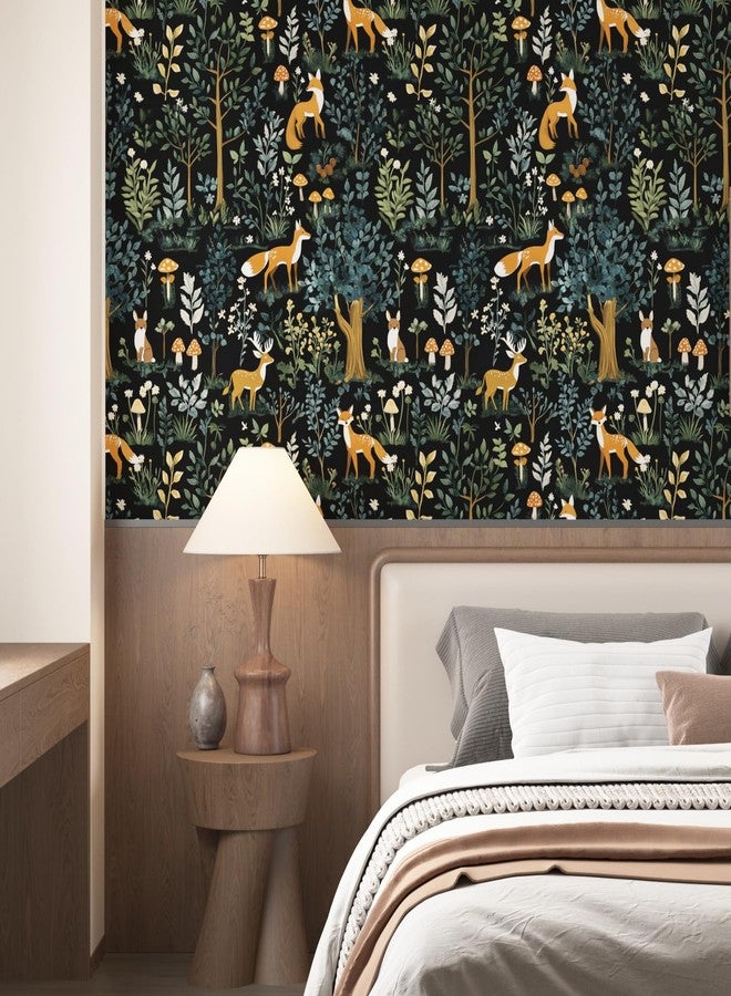 VOLEAAR Dark Animal Peel and Stick Wallpaper, Vintage Floral Forest Fox Wallpaper for Nursery Kid Bedroom Stair Door Cabinet, Removable Vinyl Mushroom Contact Paper Peelable Navy Orange 17.5In x 118In - Image 2