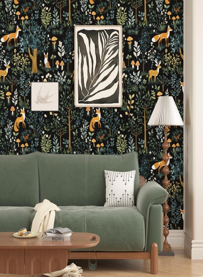 VOLEAAR Dark Animal Peel and Stick Wallpaper, Vintage Floral Forest Fox Wallpaper for Nursery Kid Bedroom Stair Door Cabinet, Removable Vinyl Mushroom Contact Paper Peelable Navy Orange 17.5In x 118In - Image 3