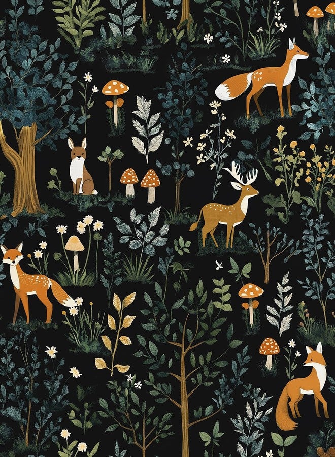 VOLEAAR Dark Animal Peel and Stick Wallpaper, Vintage Floral Forest Fox Wallpaper for Nursery Kid Bedroom Stair Door Cabinet, Removable Vinyl Mushroom Contact Paper Peelable Navy Orange 17.5In x 118In - Image 1