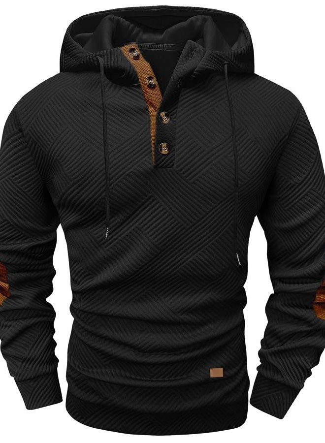 Ryehack Men's Hoodies Pullover Casual Long Sleeve Stand Collar Button Pullover Sweatshirts Color Block Pullover, Black, M - Image 1