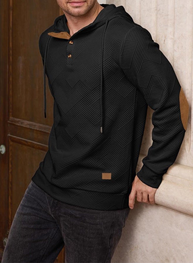 Ryehack Men's Hoodies Pullover Casual Long Sleeve Stand Collar Button Pullover Sweatshirts Color Block Pullover, Black, M - Image 2