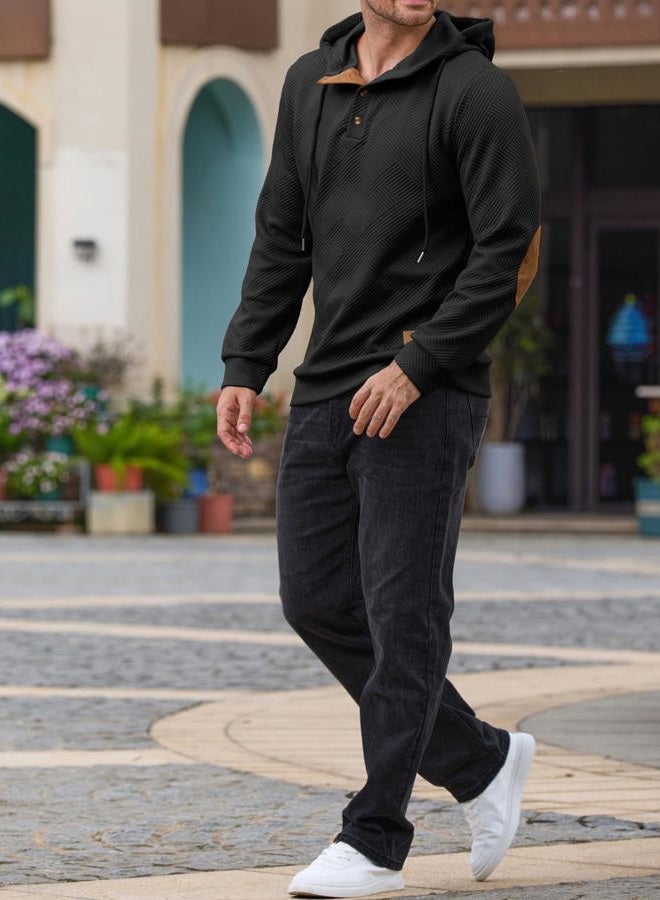 Ryehack Men's Hoodies Pullover Casual Long Sleeve Stand Collar Button Pullover Sweatshirts Color Block Pullover, Black, M - Image 3