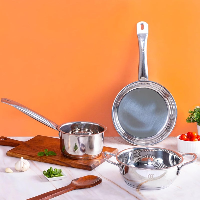 Omichef Sandwich Bottom Stainless Steel Kadhai 18CM155Ltr Frypan 18CM1Ltr Saucepan 13CM085Ltr Combo Induction Bottom Cookware Set Induction Gas Compatible - Image 2