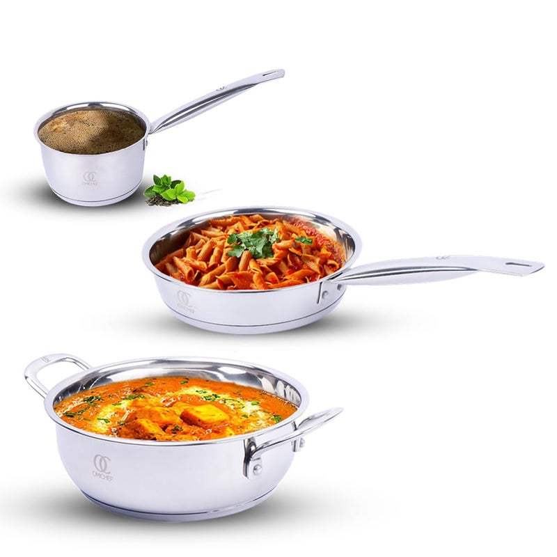 Omichef Sandwich Bottom Stainless Steel Kadhai 18CM155Ltr Frypan 18CM1Ltr Saucepan 13CM085Ltr Combo Induction Bottom Cookware Set Induction Gas Compatible - Image 1
