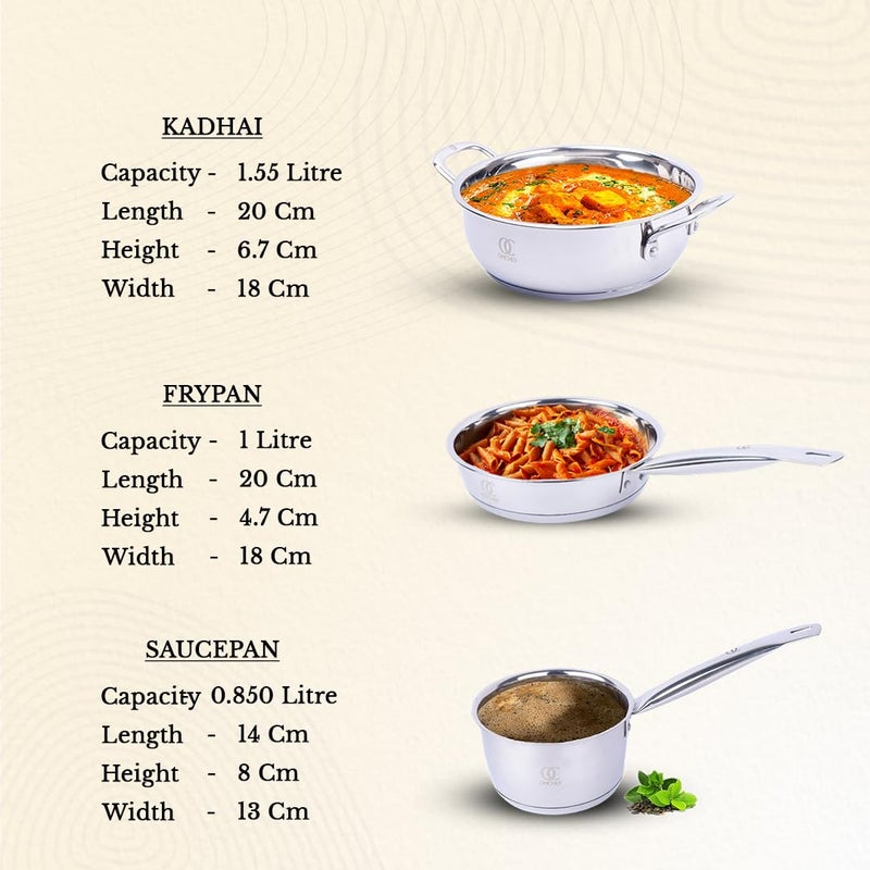 Omichef Sandwich Bottom Stainless Steel Kadhai 18CM155Ltr Frypan 18CM1Ltr Saucepan 13CM085Ltr Combo Induction Bottom Cookware Set Induction Gas Compatible - Image 3