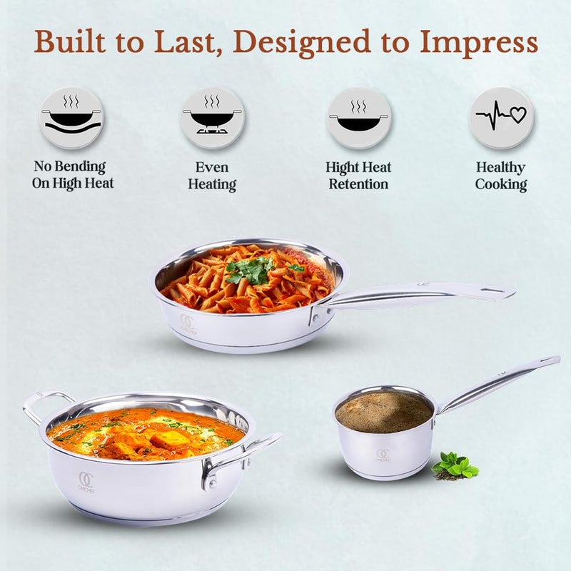 Omichef Sandwich Bottom Stainless Steel Kadhai 18CM155Ltr Frypan 18CM1Ltr Saucepan 13CM085Ltr Combo Induction Bottom Cookware Set Induction Gas Compatible - Image 4
