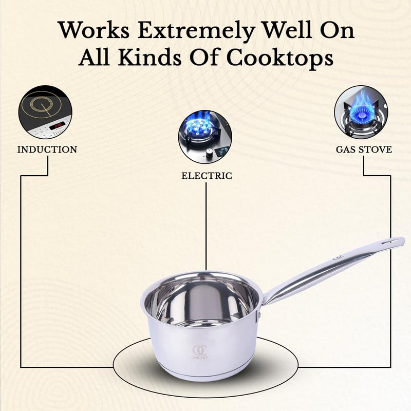 Omichef Sandwich Bottom Stainless Steel Kadhai 18CM155Ltr Frypan 18CM1Ltr Saucepan 13CM085Ltr Combo Induction Bottom Cookware Set Induction Gas Compatible - Image 5