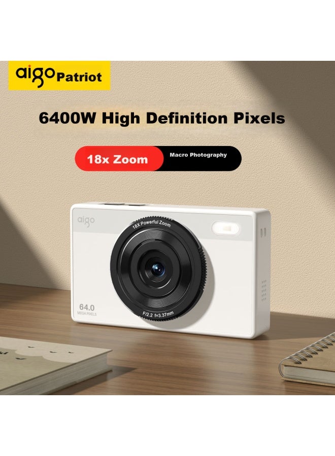 Aigo E6 Student Digital Camera For Women, Entry-level High-definition Travel Campus Compact Camera, Retro Ccd Alternative, 64gb White