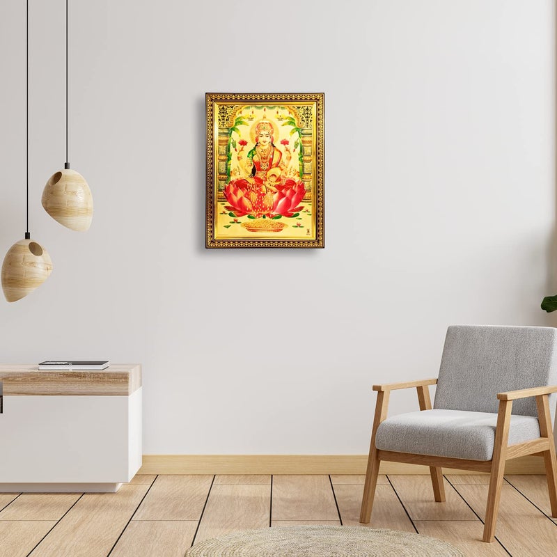 Pooja Ghar Pooja Ghar Laxmi ji Red Saree Golden Photo Frame for Puja Room Temple WorshipWall HangingGiftHome Decor 10 x 125 Inch - Image 2