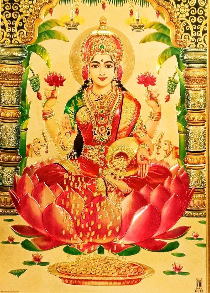 Pooja Ghar Pooja Ghar Laxmi ji Red Saree Golden Photo Frame for Puja Room Temple WorshipWall HangingGiftHome Decor 10 x 125 Inch - Image 3