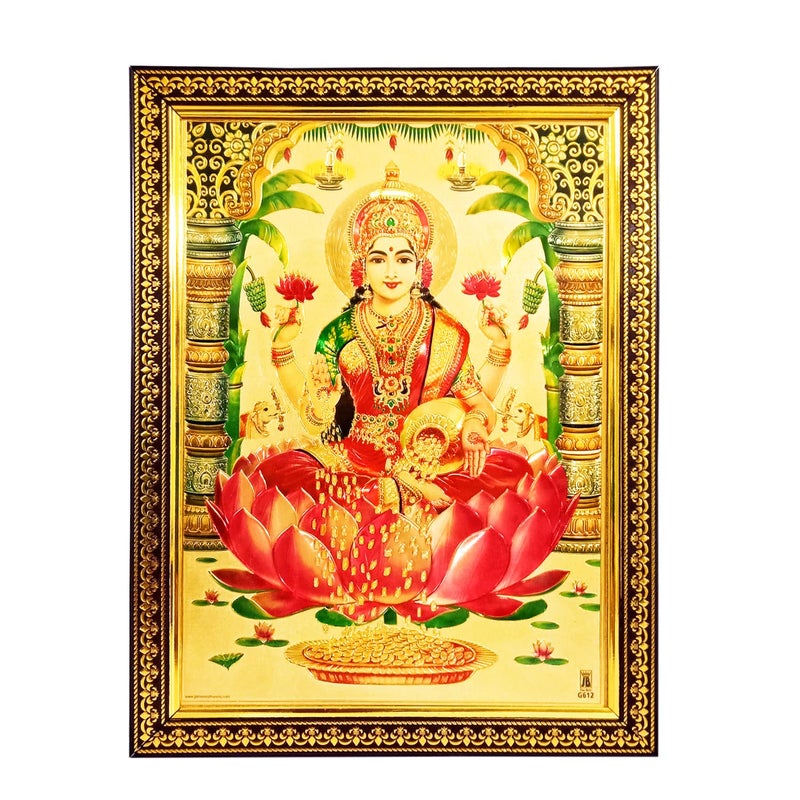Pooja Ghar Pooja Ghar Laxmi ji Red Saree Golden Photo Frame for Puja Room Temple WorshipWall HangingGiftHome Decor 10 x 125 Inch - Image 1
