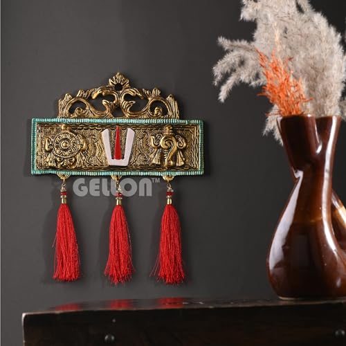 Gellon Tirupati Door/Wall Hanging Shankh Chakra Namah with Red Silk Latkan Gold Plating Antique Decorative for Home – Office – Room – Showpiece Figurines – Religious House Warming - Image 2