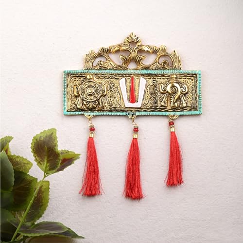 Gellon Tirupati Door/Wall Hanging Shankh Chakra Namah with Red Silk Latkan Gold Plating Antique Decorative for Home – Office – Room – Showpiece Figurines – Religious House Warming - Image 1