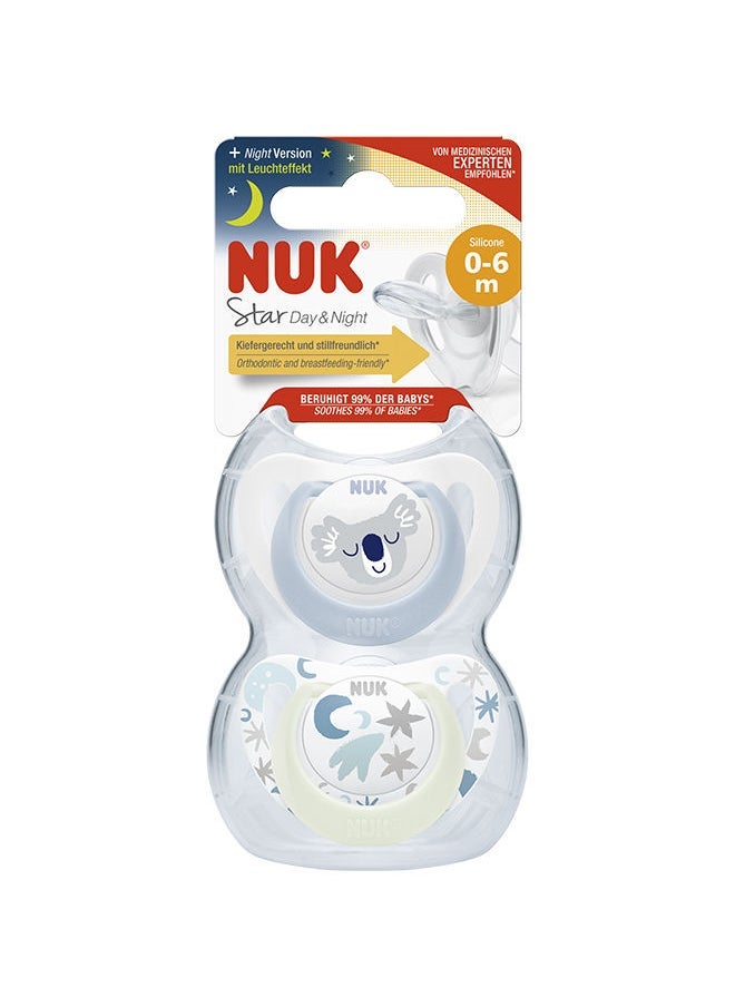 NUK Pack Of 2 Baby Star Day And Night Silicone Soother, 0 - 6 Months, Assorted - Image 1