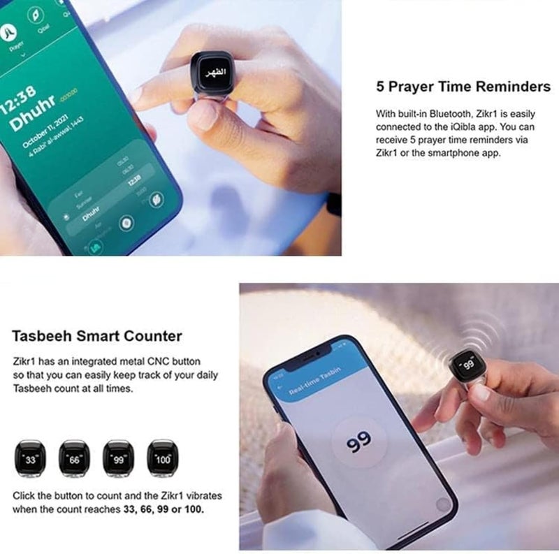 Tasbih Zikr Ring- Muslim Prayer- Prayer Timing Reminder OLED Display Tasbih Counter Smart Ring Wearable Technology Waterproof Variable in Size - Image 3