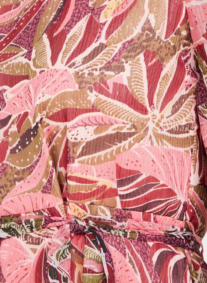 Styli Puff Sleeve Lurex Print A-Line Midi Dress