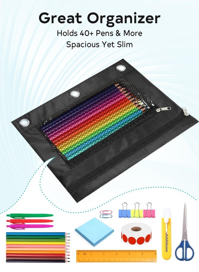ASBEFORE Pencil Pouch for 3 Ring Binder - 3 Hole Large Capacity Pen Case Organizer Holder with 2 Zippers, School Supply Accessories, Clear Window Pockets (Black) - Image 5