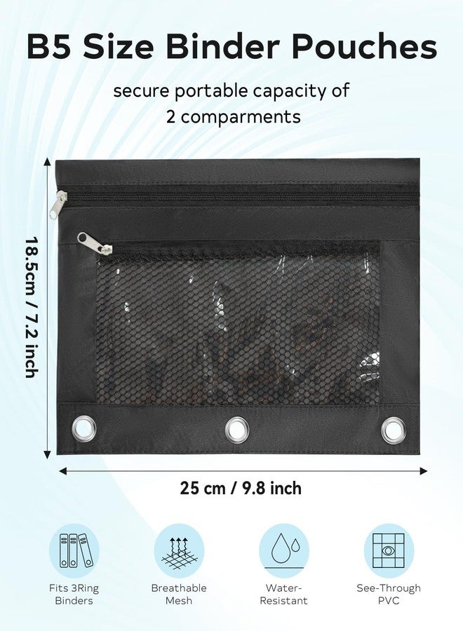 ASBEFORE Pencil Pouch for 3 Ring Binder - 3 Hole Large Capacity Pen Case Organizer Holder with 2 Zippers, School Supply Accessories, Clear Window Pockets (Black) - Image 2
