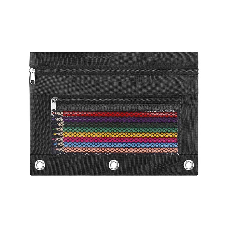 ASBEFORE Pencil Pouch for 3 Ring Binder - 3 Hole Large Capacity Pen Case Organizer Holder with 2 Zippers, School Supply Accessories, Clear Window Pockets (Black) - Image 1