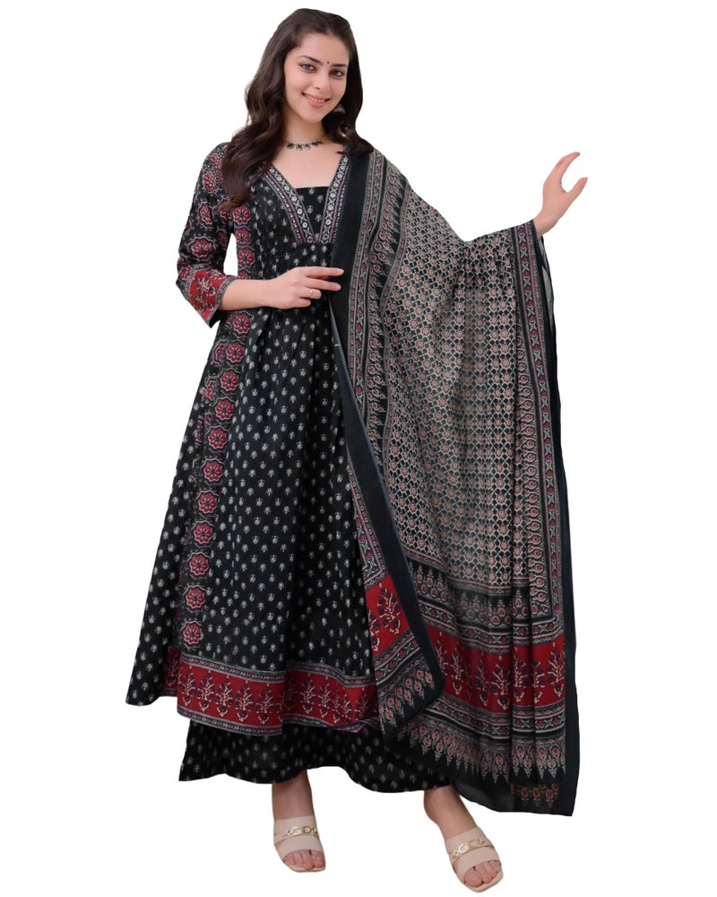 ANNI Designer Women's Rayon Viscose Anarkali Printed Kurta with Palazzo & Dupatta (NAKULA BLACK-VKS07_5XL_Black_XXXXX-Large) - Image 1