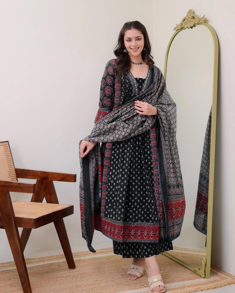 ANNI Designer Women's Rayon Viscose Anarkali Printed Kurta with Palazzo & Dupatta (NAKULA BLACK-VKS07_5XL_Black_XXXXX-Large) - Image 3