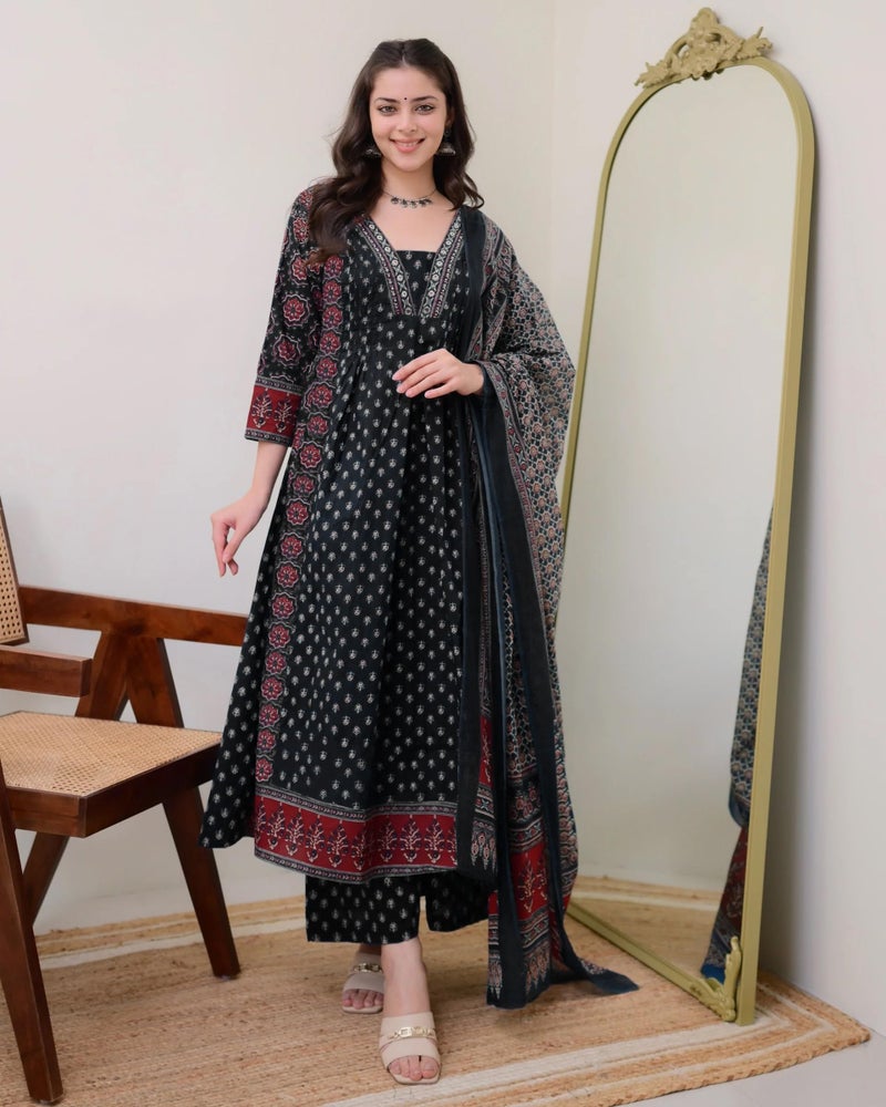 ANNI Designer Women's Rayon Viscose Anarkali Printed Kurta with Palazzo & Dupatta (NAKULA BLACK-VKS07_5XL_Black_XXXXX-Large) - Image 2