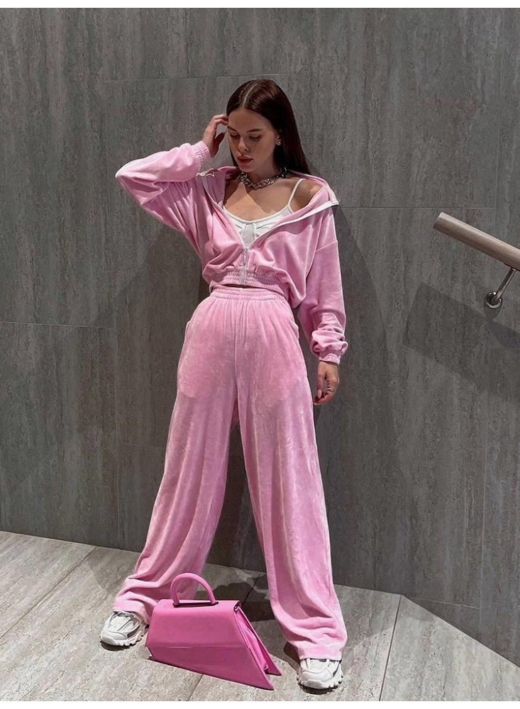 NIBEMINENT Fashionable Long Sleeve Zipper Front Sweatshirt Velvet Shirt Collared Open Shirt Long Pants Women's - Image 1