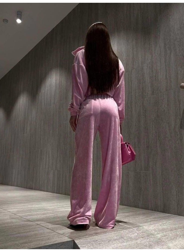 NIBEMINENT Fashionable Long Sleeve Zipper Front Sweatshirt Velvet Shirt Collared Open Shirt Long Pants Women's - Image 2