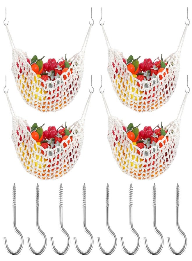 Caeuiciw 4 Pcs 13 x 20 Inch Large Macrame Fruit Hammock Under Cabinet Veggie Banana Hammock Hanging Fruit Basket Saves Counter Space for Kitchen Home Vegetables with 8 Hooks (Rustic Style) - Image 1