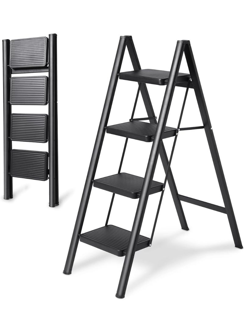 رات سو سلم خطوات 4 خطوات طي فولاذي كامل أداة طي خطوة قوية خطوة صغيرة أداة للبالغين خزانة السلالم مع دواسات واسعة مضادة للانزلاق سلالم مطبخ متعددة الاستخدام لخزانة المنزل سعة حمل 150 كجم - Image 1