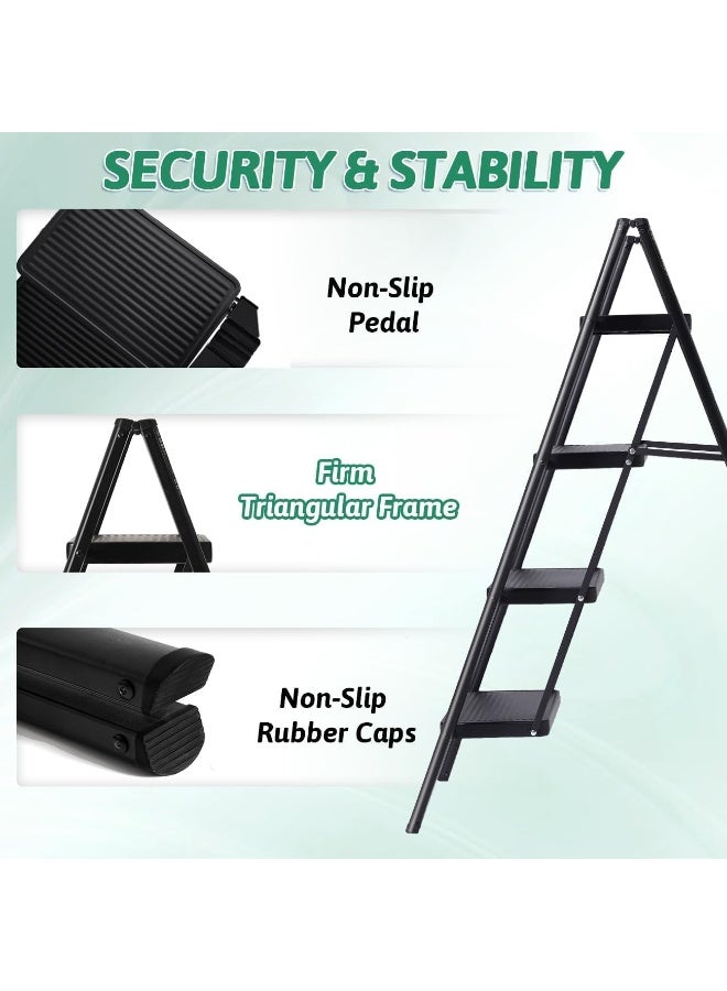 رات سو سلم خطوات 4 خطوات طي فولاذي كامل أداة طي خطوة قوية خطوة صغيرة أداة للبالغين خزانة السلالم مع دواسات واسعة مضادة للانزلاق سلالم مطبخ متعددة الاستخدام لخزانة المنزل سعة حمل 150 كجم - Image 2