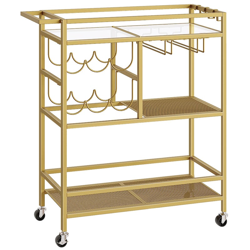 MAHANCRIS Bar Cart for Home, 3-Tier Serving Cart with Wheels and Handle, Beverage Cart with Wine Rack and Glass Holders, Rolling Wine Cart for Kitchen, Dining Room, Gold RCJ61B01 - Image 1