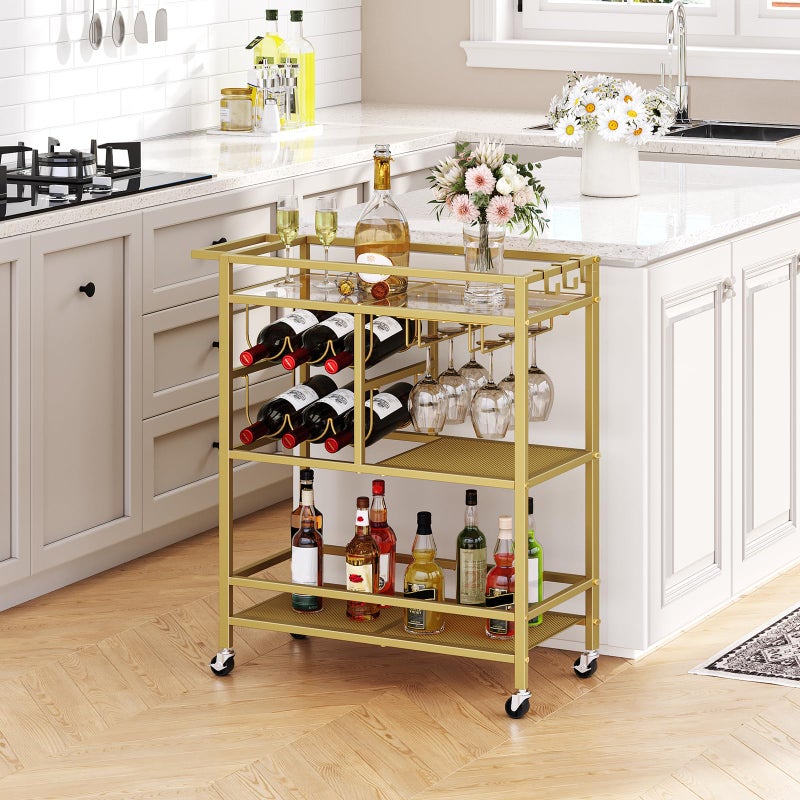 MAHANCRIS Bar Cart for Home, 3-Tier Serving Cart with Wheels and Handle, Beverage Cart with Wine Rack and Glass Holders, Rolling Wine Cart for Kitchen, Dining Room, Gold RCJ61B01 - Image 3