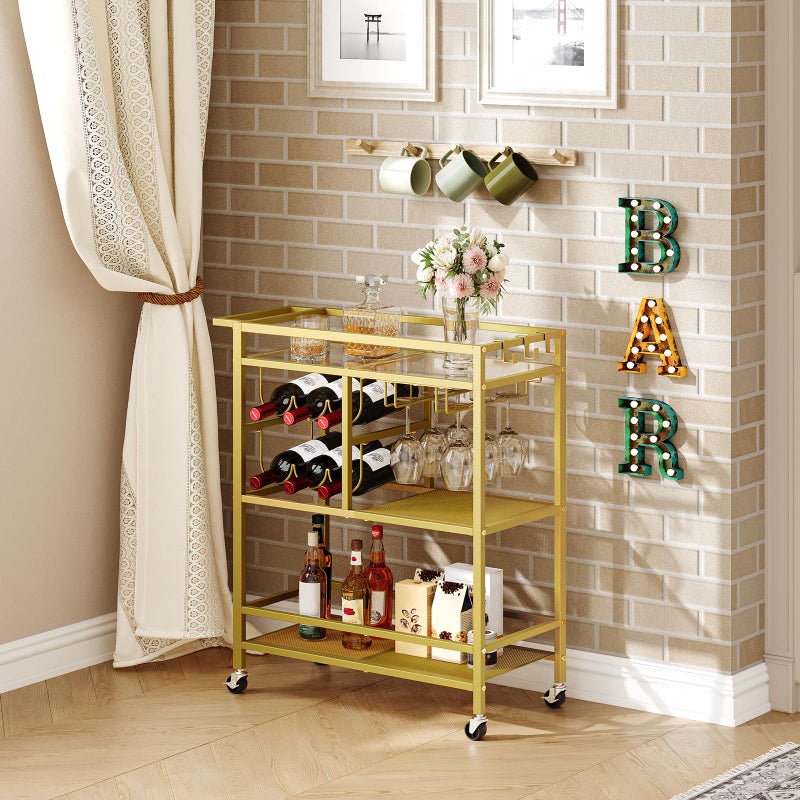 MAHANCRIS Bar Cart for Home, 3-Tier Serving Cart with Wheels and Handle, Beverage Cart with Wine Rack and Glass Holders, Rolling Wine Cart for Kitchen, Dining Room, Gold RCJ61B01 - Image 4