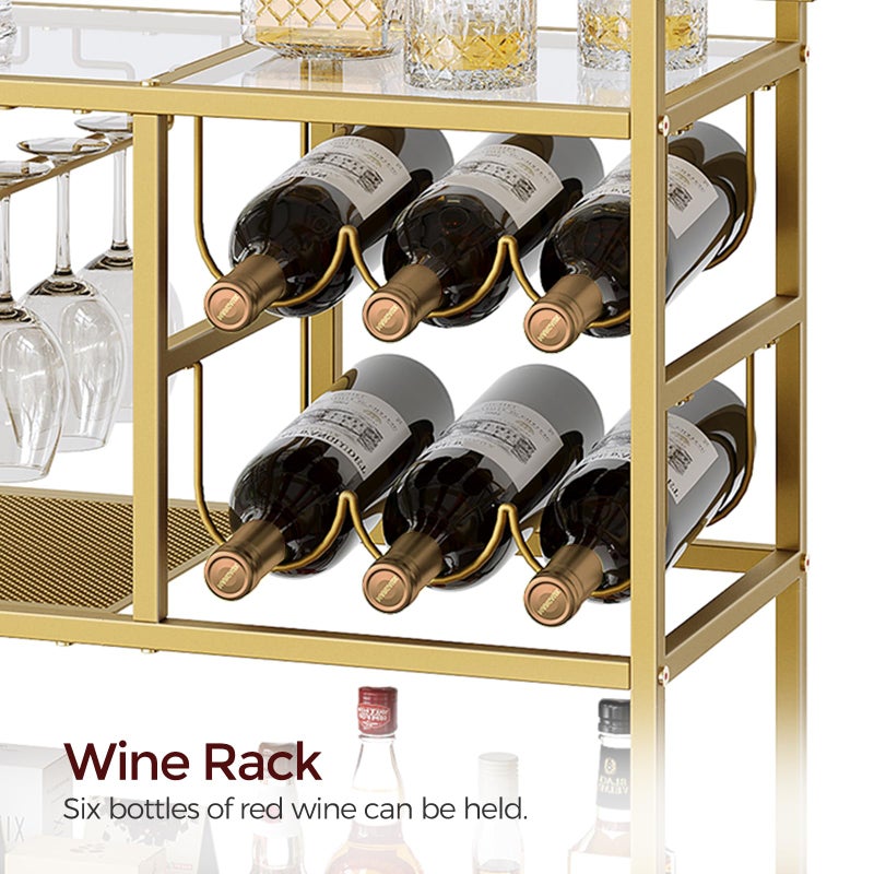 MAHANCRIS Bar Cart for Home, 3-Tier Serving Cart with Wheels and Handle, Beverage Cart with Wine Rack and Glass Holders, Rolling Wine Cart for Kitchen, Dining Room, Gold RCJ61B01 - Image 5
