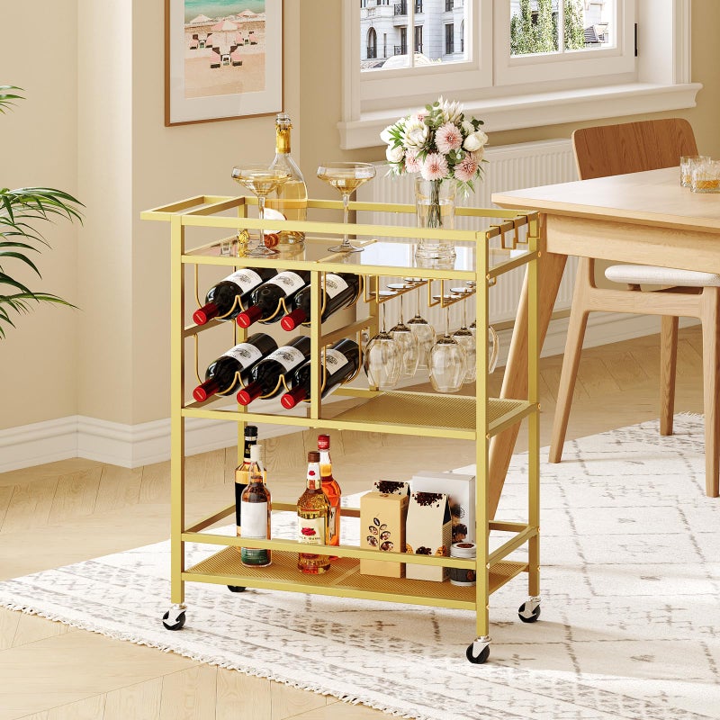 MAHANCRIS Bar Cart for Home, 3-Tier Serving Cart with Wheels and Handle, Beverage Cart with Wine Rack and Glass Holders, Rolling Wine Cart for Kitchen, Dining Room, Gold RCJ61B01 - Image 2