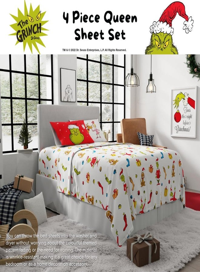 Franco Collectibles Dr. Seuss The Grinch Holiday & Christmas Bedding Super Soft Microfiber 4 Piece Queen Sheet Set, (Officially Licensed Product) - Image 4