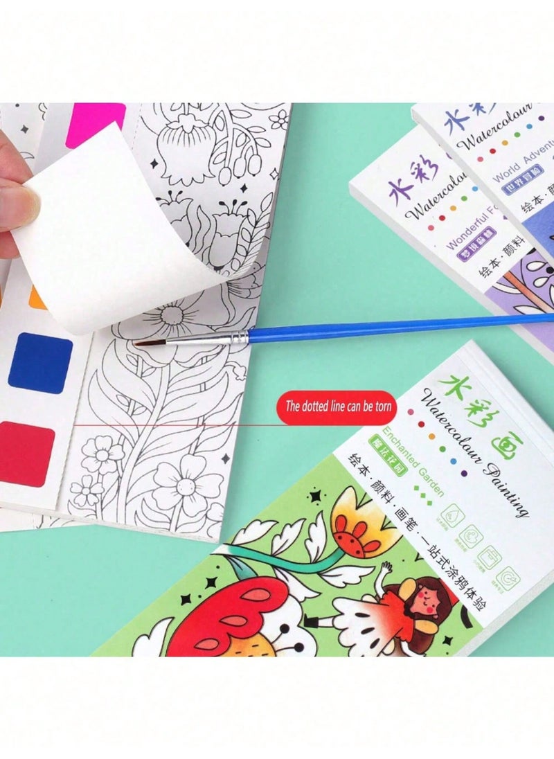 Portable Watercolor Paint Coloring Book Set – Themed Books with Built-in Paint and Brush for On-the-Go Creative Fun, Ideal for Kids’ Artistic Expression and Learning – Compact, Reusable, and Travel-Friendly, Perfect for Birthdays, Holidays, and Seasonal Gifts
