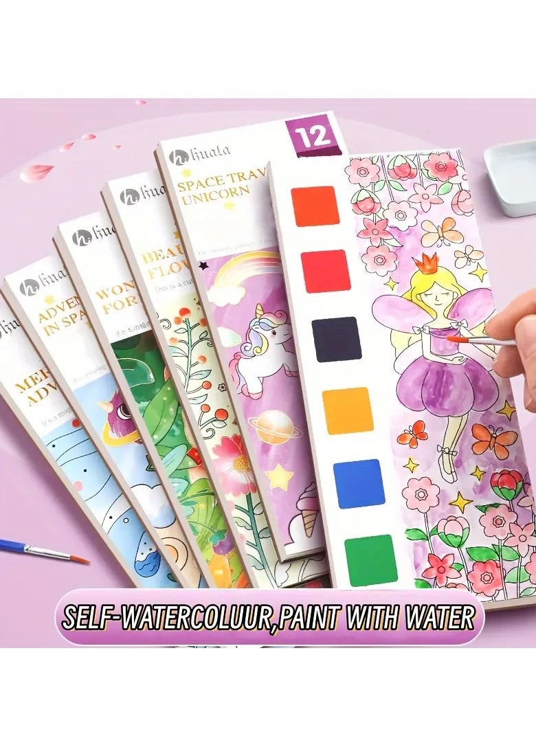 Portable Watercolor Paint Coloring Book Set – Themed Books with Built-in Paint and Brush for On-the-Go Creative Fun, Ideal for Kids’ Artistic Expression and Learning – Compact, Reusable, and Travel-Friendly, Perfect for Birthdays, Holidays, and Seasonal Gifts