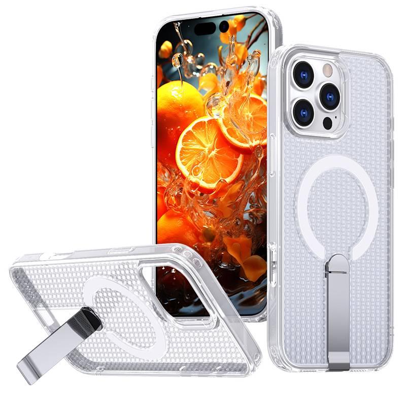غطاء MagSafe بPC لـ iPhone 16 / 16 Plus / 16 Pro / 16 Pro Max باللون شفاف بوظيفة حامل مع شبكة قرص العسل ومغناطيسي قوي مع حامل قابل للطي مع تبديد الحرارة للمكتب المنزلي - Image 1