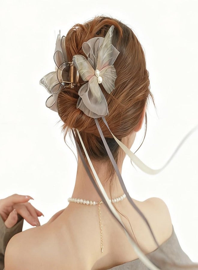 Melodio Elegant Lace Butterfly Tulle Bow Hair Claw Clips with Ribbon Tassel - Dainty Mesh Butterfly Hair Accessories with Long Tail for Birthday, Wedding & Party Hairstyles for Women (Grey) - Image 1